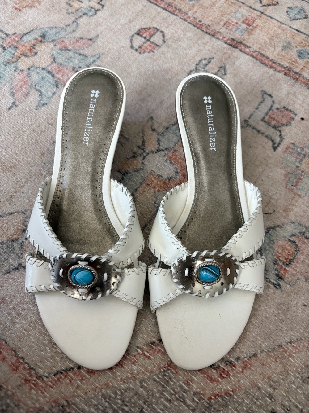 Naturalizer Women's White Slip-On Sandals with Turquoise Accent